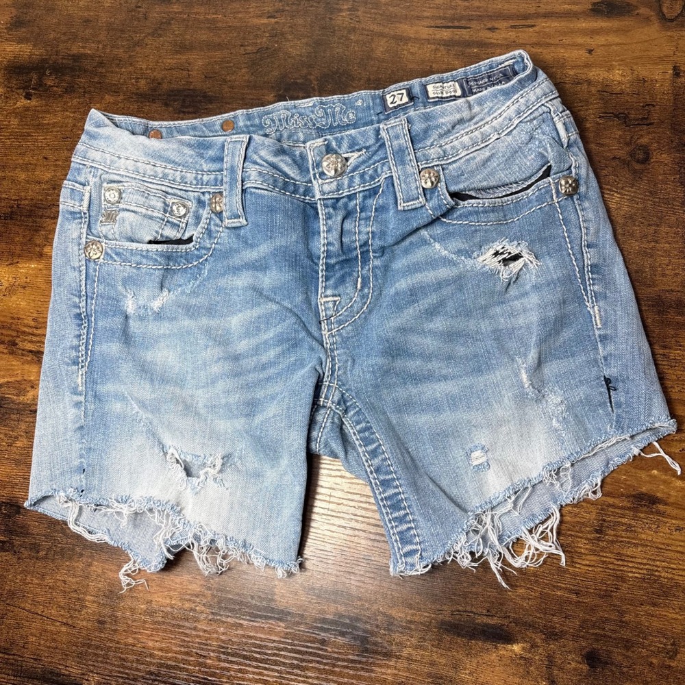 Miss Me Signature Slim Boot DIY Cut Off Denim Shorts Rhinestone Distressed 27